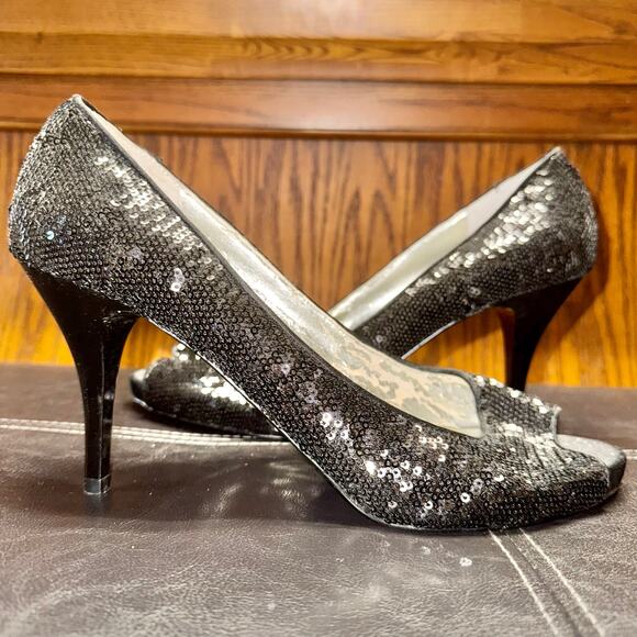 Guess Women's Peep Toe Pumps Silver Glitter Stilleto Heels - Size 10 - Picture 1 of 7